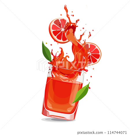 Splashes of red grapefruit juice with slices. Vector clipart with citrus drink isolated for design Splashes of red grapefruit juice with slices. Vector clipart with citrus drink isolated for design 114744071