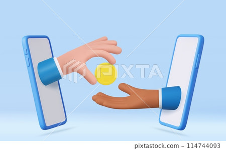 3d Cartoon character hands give and take golden coin. 114744093