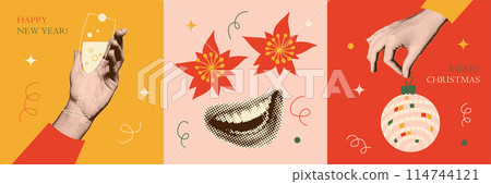 Christmas halftone collage square posters set. Hand holding glass of Champagne, shining disco ball, female smiling mouth with poinsettia. Muted retro cards, postcards. Flat vector illustration 114744121