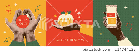 Vintage Merry Christmas greeting cards set. Hand holding phone with greeting messages, xmas tree bauble and Chritmas cake. Muted retro collage vector illustration. Design for poster, banner. 114744123