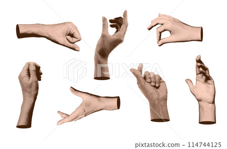 Collage element set with halftone hands. Different ways to hold something. Vintage vector illustration. Collage element set with halftone hands. Different ways to hold something. Vintage vector illustration. 114744125