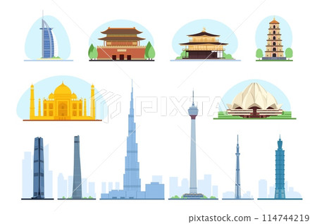Asian buildings. Travel famous landmarks. Ancient palaces and skyscrapers. Oriental temples. Tourism journey. Historical pagodas. Towers style. Popular architectural objects vector set 114744219