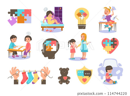 Autistic kids. Children with autism spectrum mental disorder. Puzzles love heart. Naughty girl in school. Hands and human head. Special boys and girls behavior. Splendid vector set 114744220