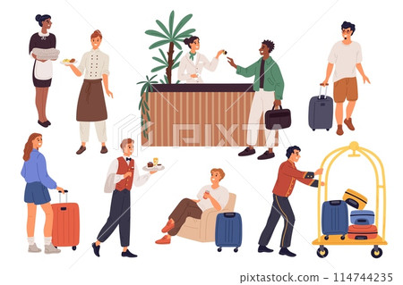 Hotel visitors and staff. Guests with luggage check into rooms. Hospitality service. People in uniform helping with resettlement. Hostel receptionist or concierge. Garish vector set 114744235
