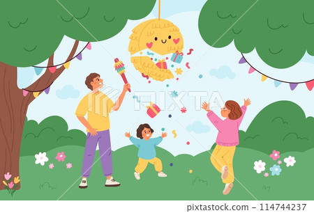 Kids with pinata. Father helps children develop paper decoration with gifts or confetti. Birthday celebration party entertainment. Toy hanging on tree. Nature meadow. Garish vector concept 114744237