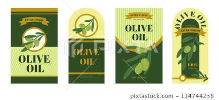 Labels for olive oil. Natural organic products. Stickers for cans and packages. Extra virgin. Cooking and dressing salads. Branch with green fruits. Vegan ingredient. Garish vector set 114744238