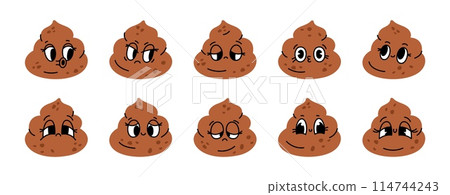 Poop emoticons. Cute kawaii excrement character with funny face. Comic toilet mascot. Fecal different moods and emotion expressions. Happy or angry feces. Twisted turd. Garish vector set 114744243