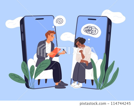 Psychologist talks to patient in mobile chat. Mental online psychological support. Remote consultation app. Conducting therapy. Smartphone call. Psychology help. Garish vector concept 114744245