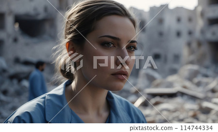 The face of a female medic against the background of destroyed houses, close-up portrait 114744334