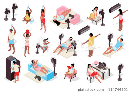 Hot weather 3d isometric mega set. Collection flat isometry elements of people sweating and heat suffering, cooling with conditioners, lying under ventilators, pouring cold water. Vector illustration. 114744391