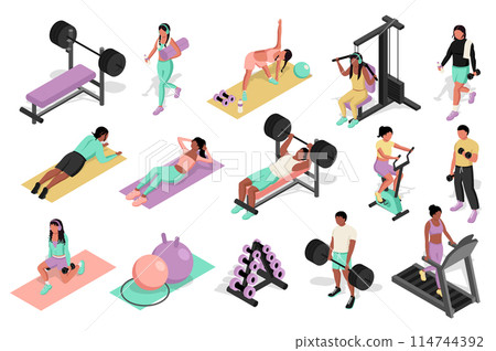 Fitness gym 3d isometric mega set. Collection flat isometry elements of people training at treadmills and cycling, doing yoga and pilates, lifting barbell, exercising dumbbells. Vector illustration. Fitness gym 3d isometric mega set. Collection flat isometry elements of people training at treadmills and cycling, doing yoga and pilates, lifting barbell, exercising dumbbells. Vector illustration. 114744392