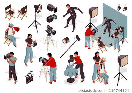 Cinematography 3d isometric mega set. Collection flat isometry elements of people making movie, actor at scene stage, camcorder operators, director, dresser and makeup artist. Vector illustration. 114744394