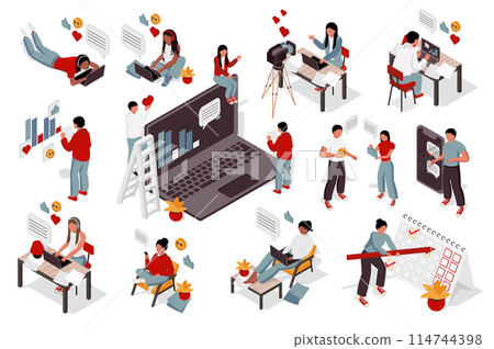 Business 3d isometric mega set. Collection flat isometry elements of people works at office, freelance workplace with laptops, teamwork meeting, employee deadline organization. Vector illustration. 114744398