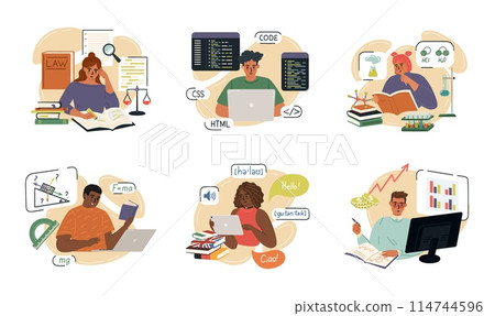 Smart students characters studying in home conditions Smart students characters studying in home conditions 114744596