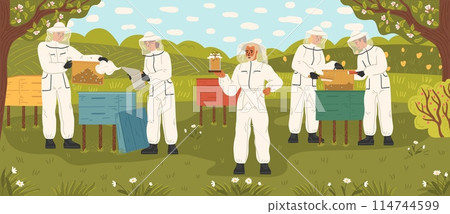 Apiary at countryside landscape vector illustration with beekeeper workers 114744599