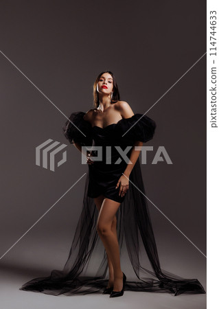 A girl in a black dress holds a black veil over her head. 114744633