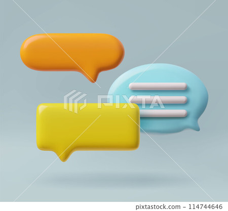 Colorful 3D speech bubble icons in orange, yellow, and blue vector illustration Colorful 3D speech bubble icons in orange, yellow, and blue vector illustration 114744646