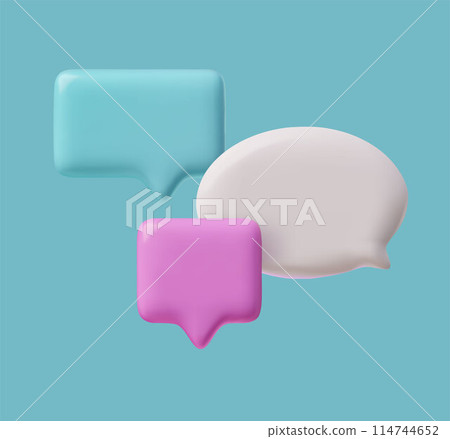 Colorful 3D speech bubble icons in turquoise, pink, and white vector illustration 114744652
