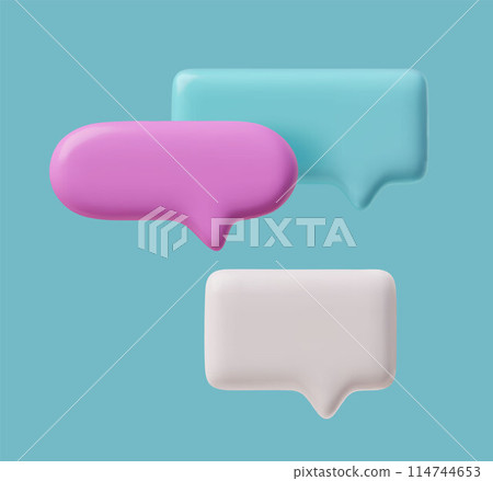 3D glossy empty speech bubbles, vector roundish rectangles message text bubble volume forms, dialogue clouds on blue 114744653