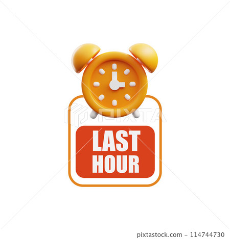 Countdown to last hour of sale with yellow clock. 3D vector illustration. Countdown to last hour of sale with yellow clock. 3D vector illustration. 114744730