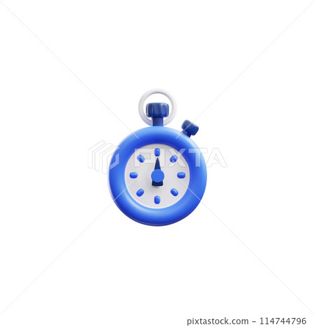 The stopwatch icon in 3D rendering is blue, highlighted on a white background 114744796