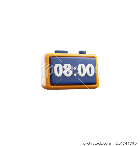 3D digital alarm clock displaying 08.00, electronic watch, sleeping or deadline timer, vector volume clock reminder icon 114744799