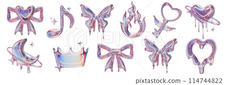 3D gloss y2k icon set, cute romantic holographic sticker, futuristic reflective girly shapes. 3D gloss y2k icon set, cute romantic holographic sticker, futuristic reflective girly shapes. 114744822