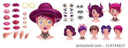 Woman character creator, vector girl customisable avatar builder, young cute female profile portrait 114744827