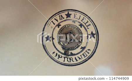 Official passport visas stamps on sepia textured, vintage travel background. 114744909