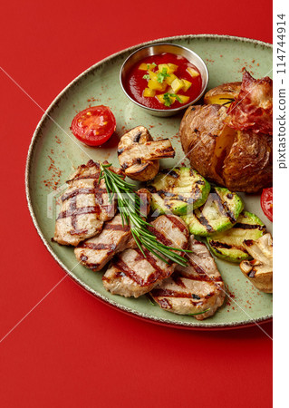 Grilled pork steaks with roasted vegetables and salsa on red 114744914