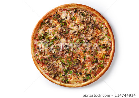 Golden pizza with mushrooms, sweet onions and fresh herbs Golden pizza with mushrooms, sweet onions and fresh herbs 114744934