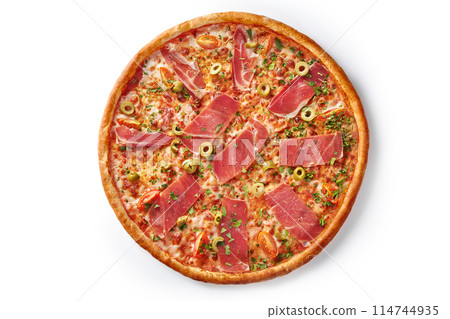 Classic Italian pizza with prosciutto, olives, cherry tomatoe and parsley 114744935
