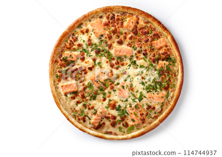 Italian browned seafood pizza with salmon, cheese and herbs Italian browned seafood pizza with salmon, cheese and herbs 114744937