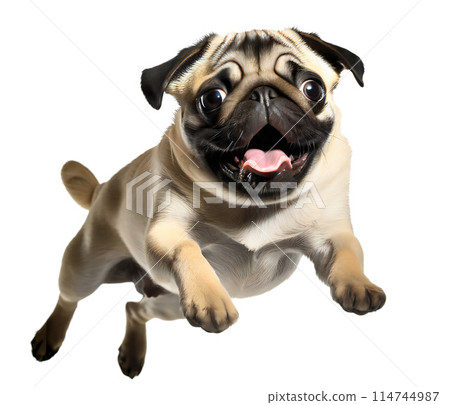 Cute pug puppy jumping. Playful dog cut out at background. 114744987