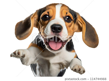 Cute beagle puppy jumping. Playful dog cut out at background. Cute beagle puppy jumping. Playful dog cut out at background. 114744988