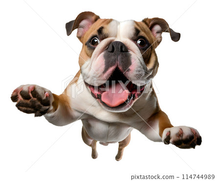 Cute bulldog puppy jumping. Playful dog cut out at background. 114744989