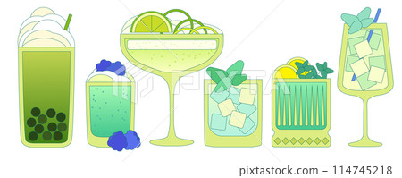 Cocktails set. Ginger and bubble tea. Green cocktail Alcohol drink for bar. Flat vector 114745218