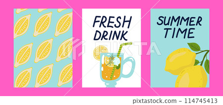 Vector set of bright summer posters. Posters with lemon, lemon slice, lemonade and lemon branch. 114745413