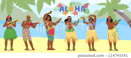 Group Of Hawaiian Dancers In Traditional Costumes And Joyful Expressions. Ukulele Players And Hula Performers Group Of Hawaiian Dancers In Traditional Costumes And Joyful Expressions. Ukulele Players And Hula Performers 114745541