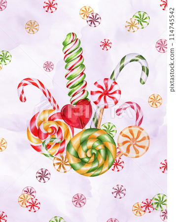 Candy bouquet and flying candies around. Candy cane, spiral caramels, heart shape lollipop and bonbons with striped swirls. Dessert of various shape and taste. Greeting on delicate watercolor texture. Candy bouquet and flying candies around. Candy cane, spiral caramels, heart shape lollipop and bonbons with striped swirls. Dessert of various shape and taste. Greeting on delicate watercolor texture. 114745542