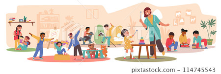 Group Of Children Engaged In Playful Activities Under The Supervision Of Teacher In A Cheerful Kindergarten Classroom Group Of Children Engaged In Playful Activities Under The Supervision Of Teacher In A Cheerful Kindergarten Classroom 114745543