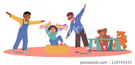Joyful Children Engaging In Playful Activities In Kindergarten Setting. Cheerful Kids Dancing, Imagine themselves Pilots 114745555