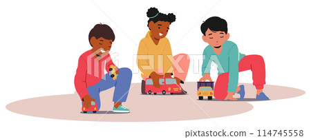 Diverse Children Characters Happily Playing With Toy Cars On A Floor Mat In A Kindergarten, Vector Illustration Diverse Children Characters Happily Playing With Toy Cars On A Floor Mat In A Kindergarten, Vector Illustration 114745558