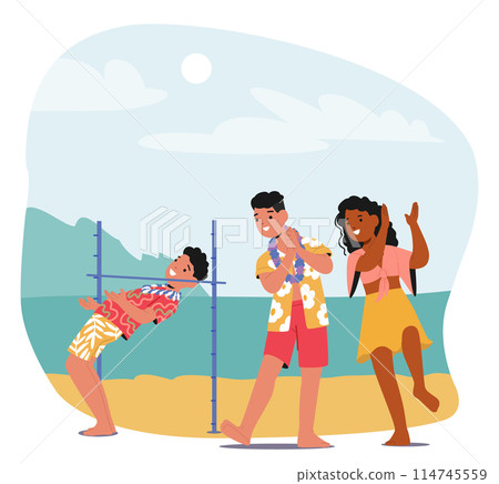 Joyful Scene On Beach With Friends Characters Playing Limbo with Playful And Happy Expressions As They Enjoy The Game 114745559