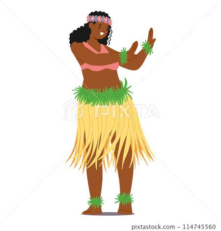 Hawaiian Female Dancer Character With Floral Headband And Green Grass Skirt Performing The Traditional Hula Dance 114745560