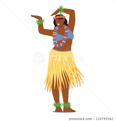Cartoon Hawaiian Woman Dancer Character Engaged In Traditional Hula Dance. Female Dancer With Colorful Lei, Skirt 114745562