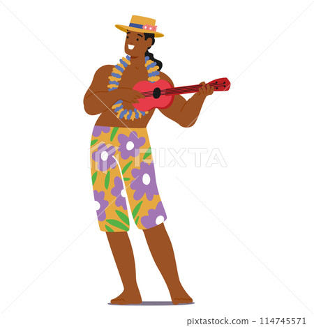 Joyful Hawaiian Man Playing The Ukulele, Adorned In A Colorful Floral Attire And A Traditional Lei, Vector 114745571