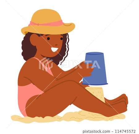 Young Girl Joyfully Building Sand Castle On The Beach. She Wears A Pink Swimsuit And A Stylish Straw Hat, Vector Young Girl Joyfully Building Sand Castle On The Beach. She Wears A Pink Swimsuit And A Stylish Straw Hat, Vector 114745572