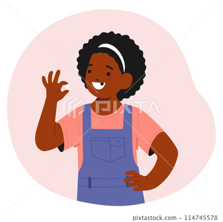 Cheerful Young Girl With Curly Hair Proudly Shows Off Her Missing Milk Tooth. Kid Delights In Her New Smile, Vector 114745578