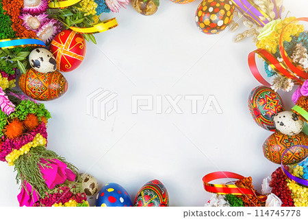 willow Sunday background of willow branches, willow bouquets. Easter top view. place for text 114745778